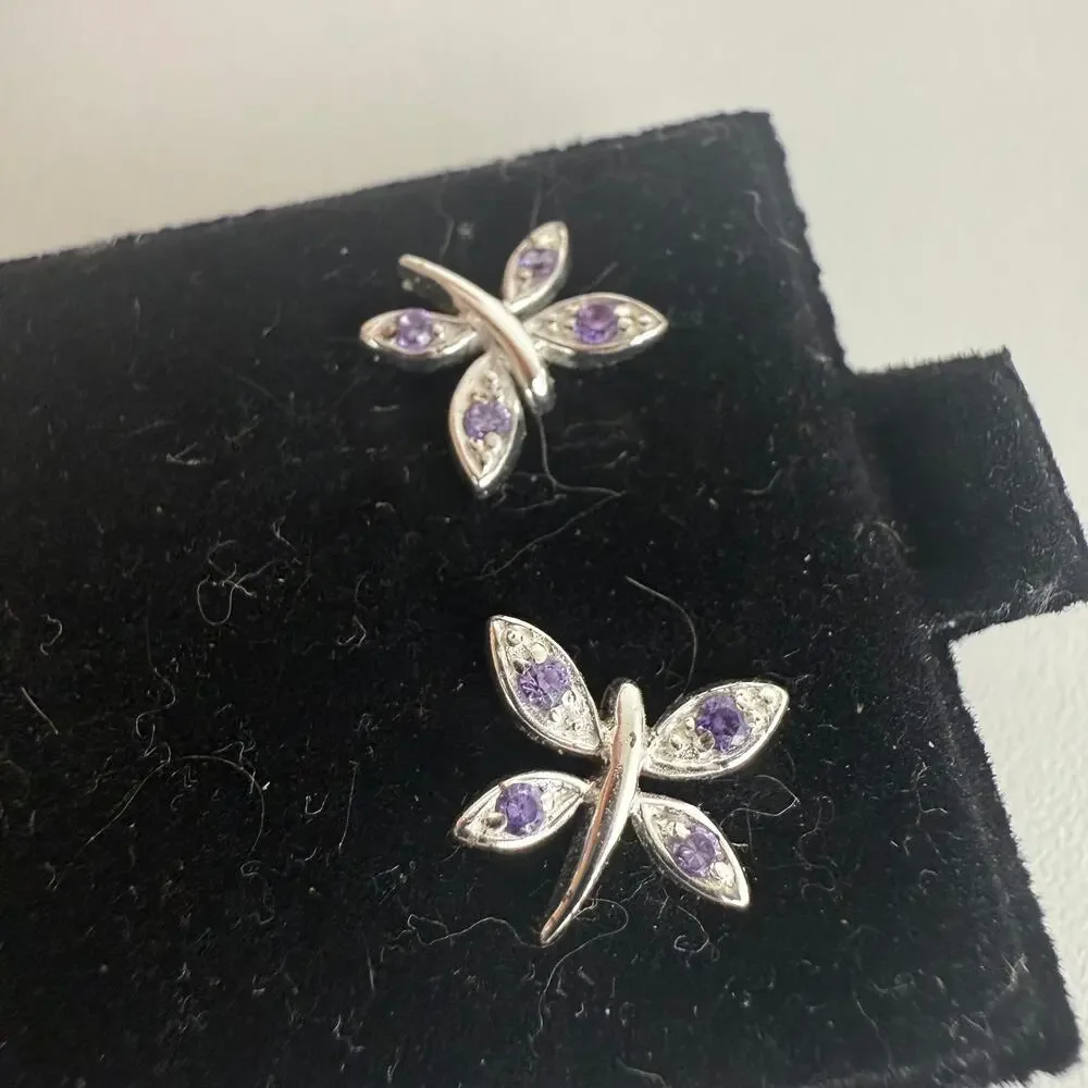 NWT Sterling Silver Dragonfly Dainty Y2K 90s Purple/Clear Stone Stud Earrings
